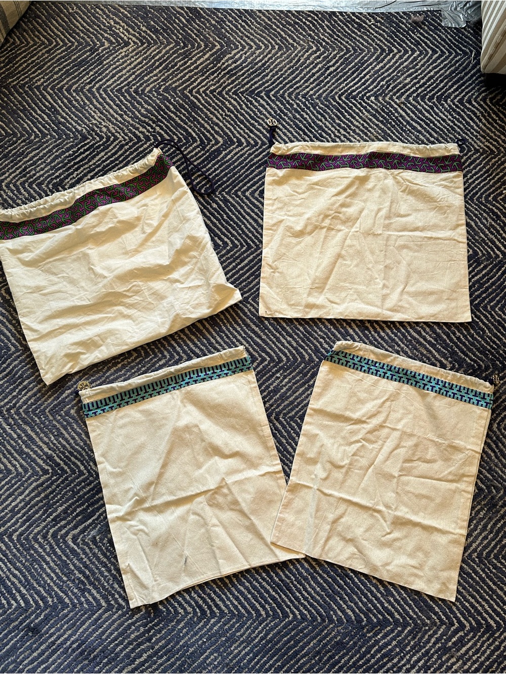 Tory Burch Cream Drawstring Garment Bags with Colorful Trim